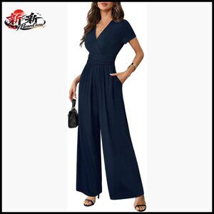 Polyester Rayon Elastane V-Neck Wide Leg Jumpsuit Short Sleeve